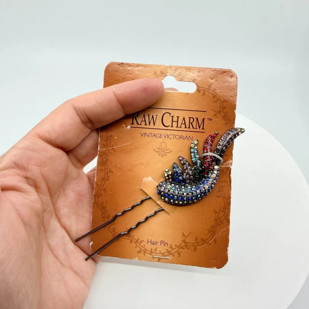 Vintage Raw Charm Victorian Multicolor Rhinestone Wing Hair Pin Gunmetal Tone